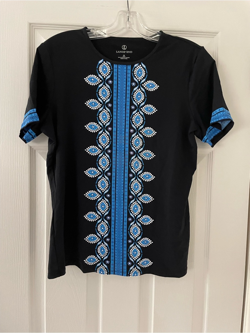 Lands' End Black Short-Sleeve SPF Rash-guard Shirt with Blue Print Stripe
